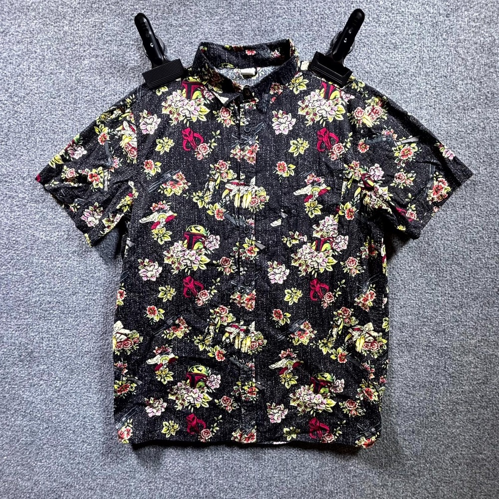 Star Wars Hawaiian Shirt Men's XL Black Boba Fett Floral Cotton Beach Button Up